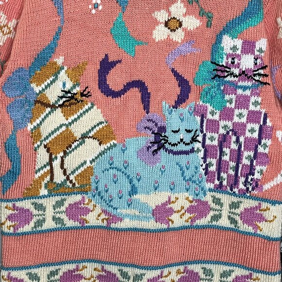Berek 1989 Hand-Knit Cat Sweater Cardigan + Vintage Cat Brooch 100% Pima Cotton - Picture 11 of 13